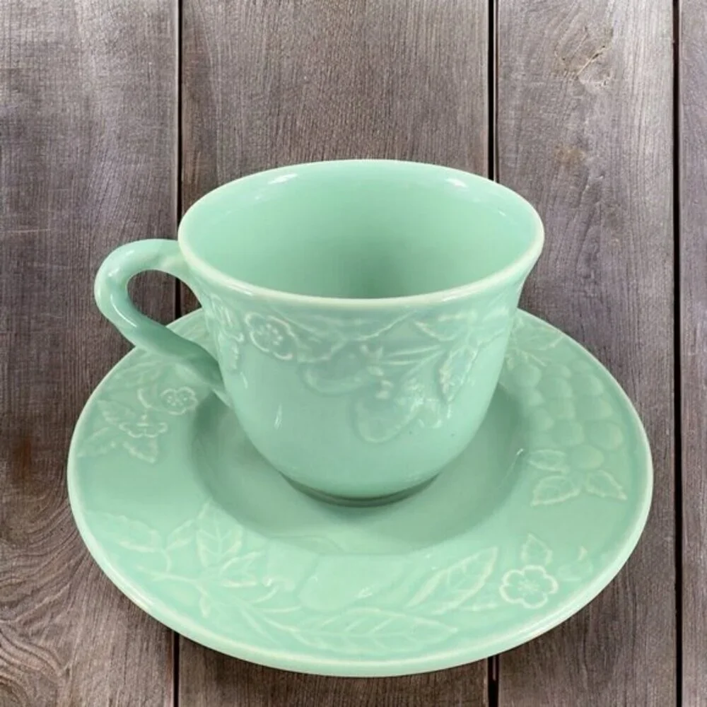 Savoir Vivre Fruit Promenade Celadon Porcelain Ceramic Teacup And Saucer Set VTG